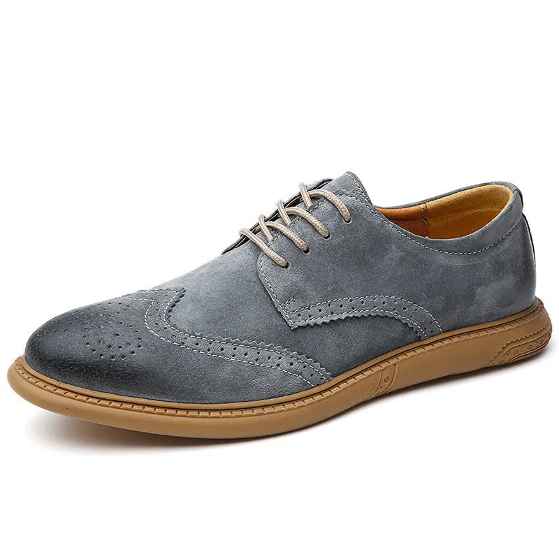 Men's black genuine cowhide leather low top business shoes with lace-up design and rubber sole.