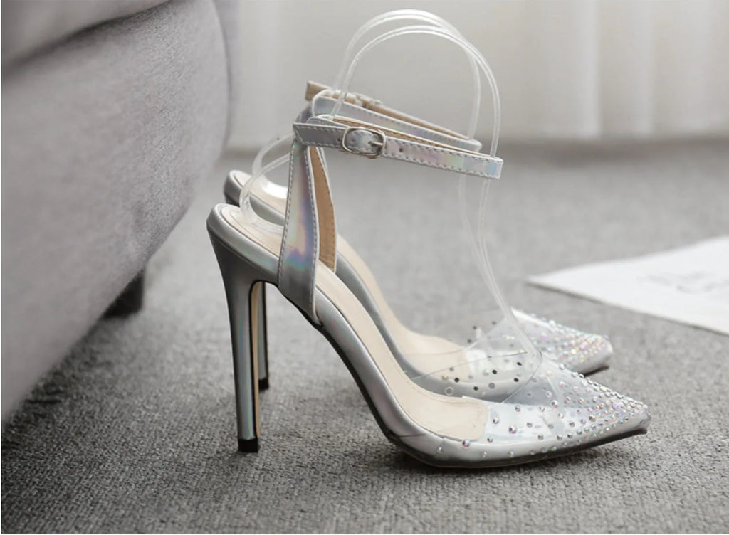 Women's pointed toe diamond sandals with stiletto heel on a white background.