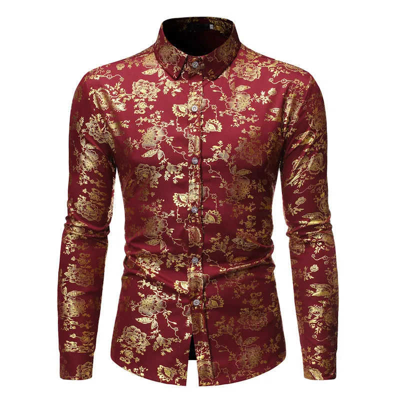 Men's metal bronzing printed lapel shirt in polyester fabric with digital printing detail