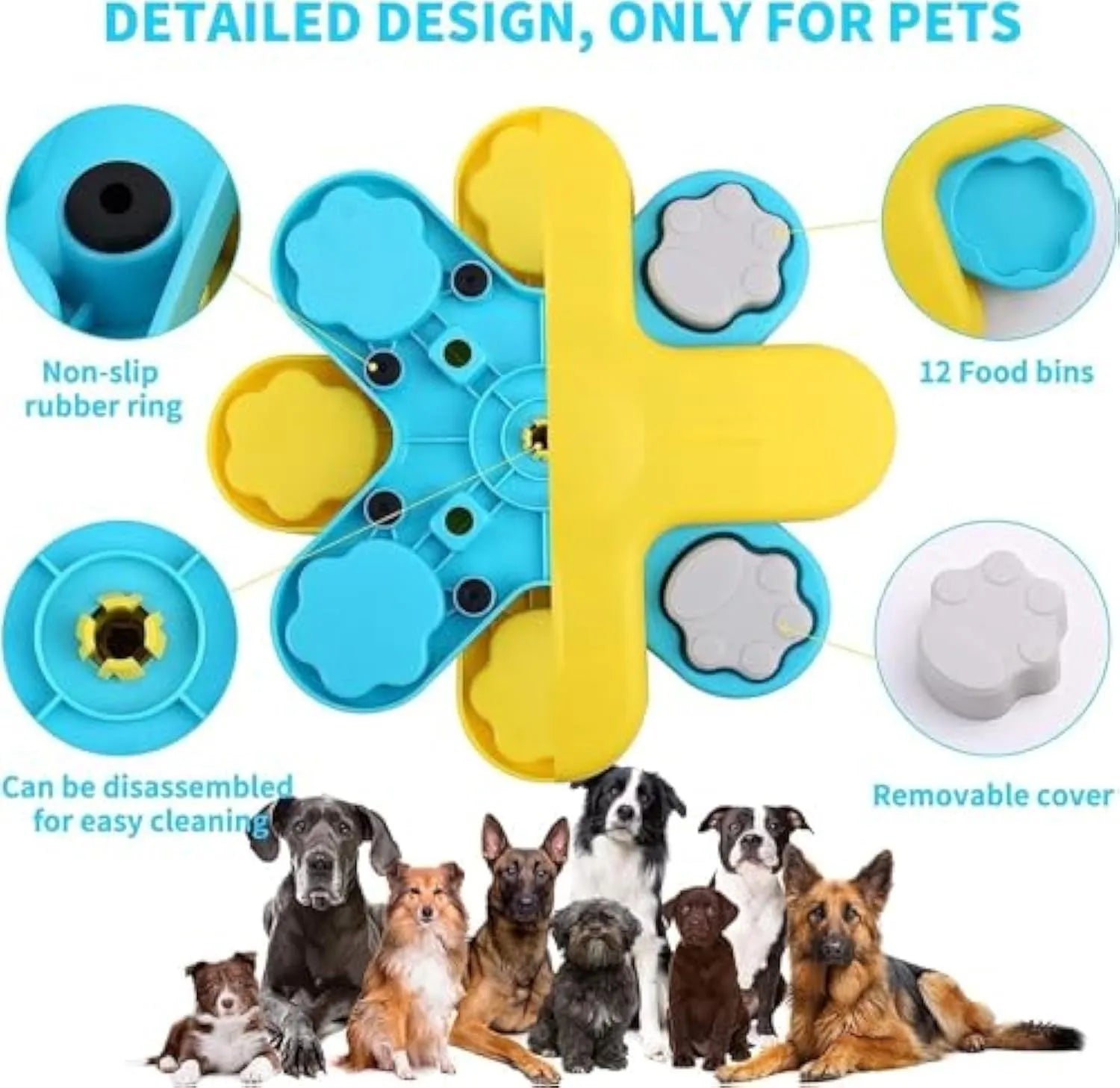 Yellow three-layer rotating dog puzzle feeder toy with non-slip base for slow feeding and IQ training.