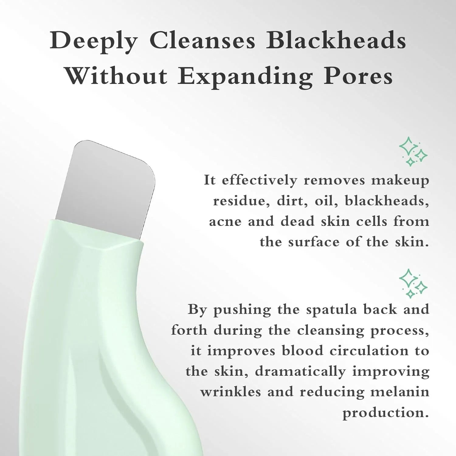 Green stainless steel blackhead scraper tool with a non-slip silicone handle on a white background.