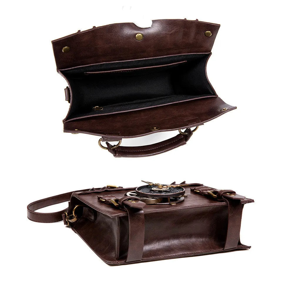 Bronze steampunk industrial retro style shoulder bag showing metal hardware details and pillow bag shape