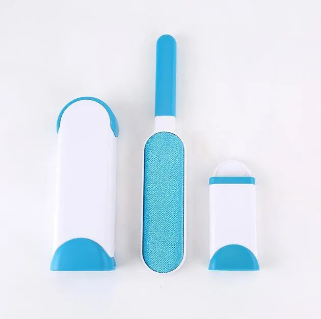 Blue reusable pet hair removal comb with double-sided flannel brush and self-cleaning base for sofas.