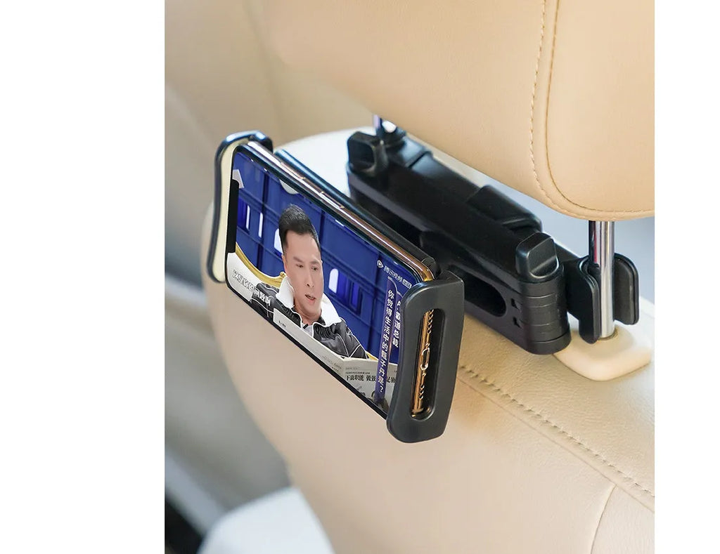Black car phone holder mounted on vehicle rear seat for universal phone and tablet compatibility