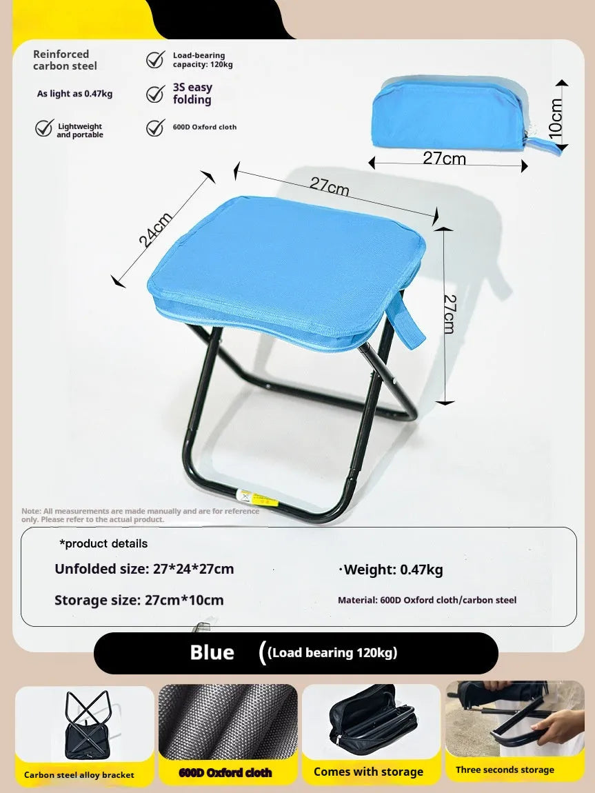 Lightweight foldable camp stool in Oxford cloth, shown in a khaki colour, folded for carrying.