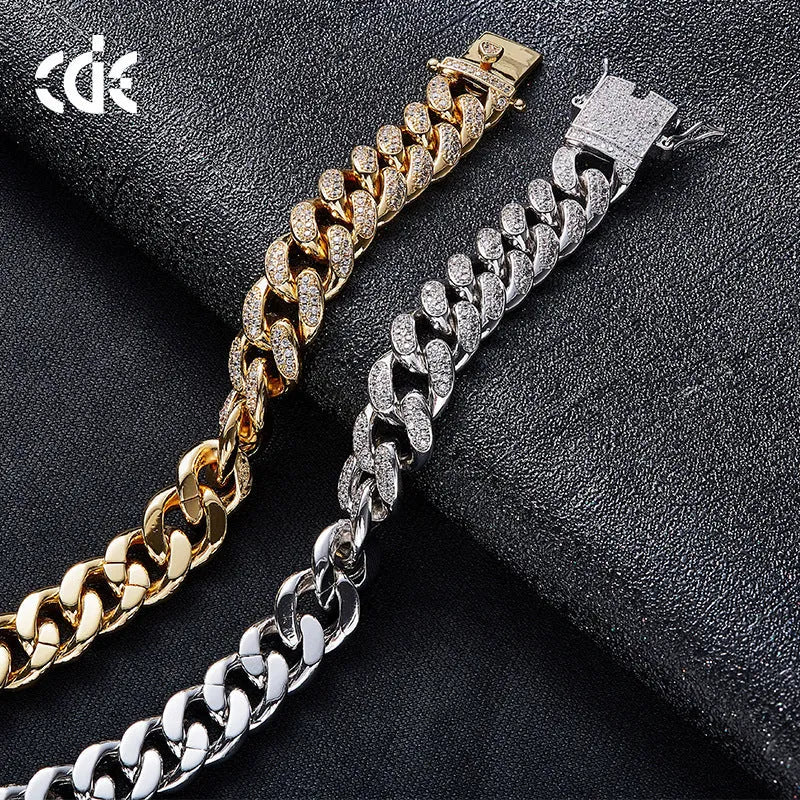 Gold men's Cuban chain bracelet with geometric zircon detailing on alloy frame