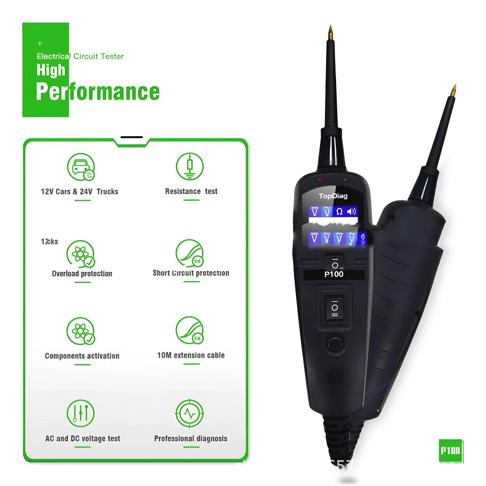 P100 black automotive circuit battery tester with OBD connector for 12V car fault diagnosis