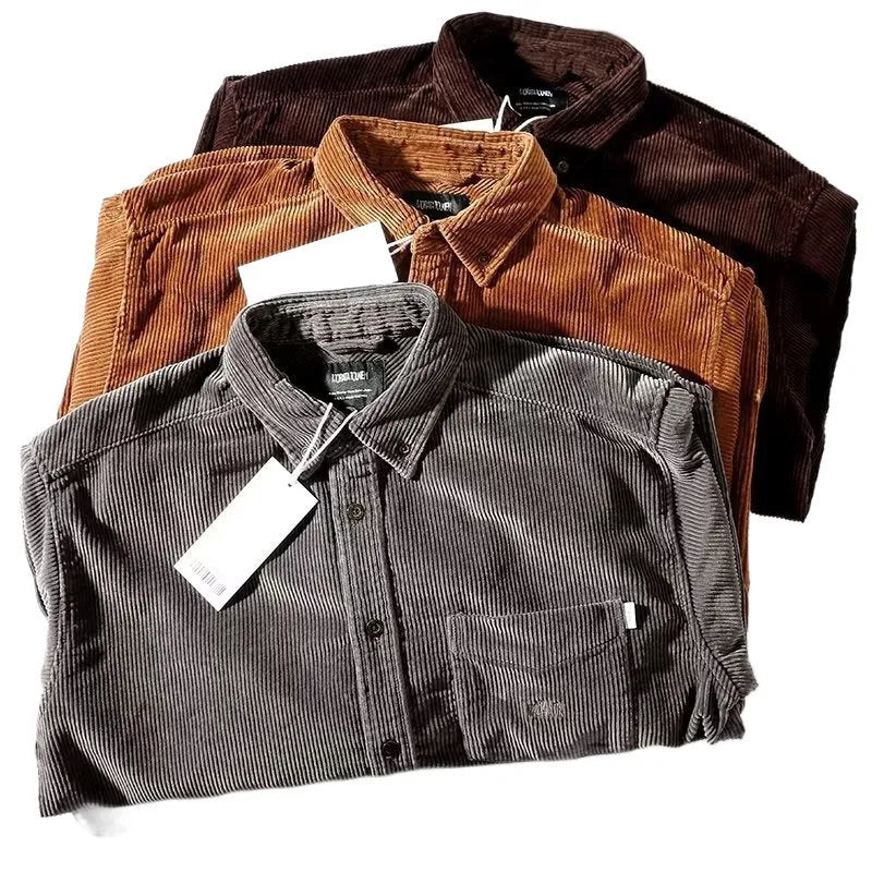 Long sleeve corduroy shirt with loose fit and cardigan style in caramel colour option