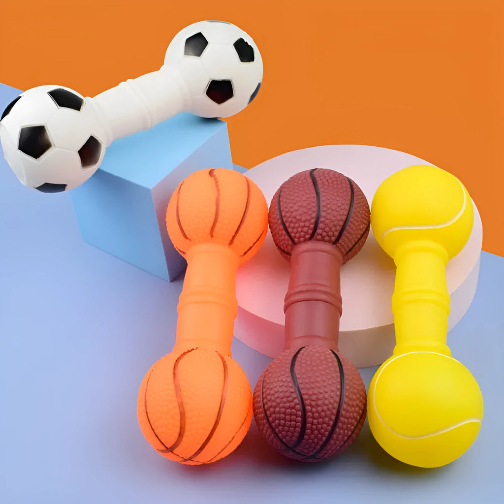 Football dumbbell shaped squeaky dog chew toy in orange colour