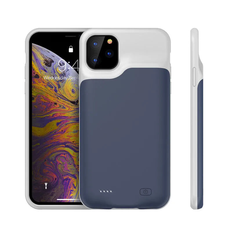 Shockproof silicone iPhone battery case in black, blue, pink, or white with integrated charging and extended battery capacity