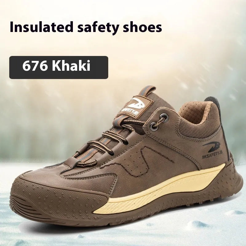 Men's black Flyknit leather work shoes with a safety toe cap and rubber sole on a work site background.