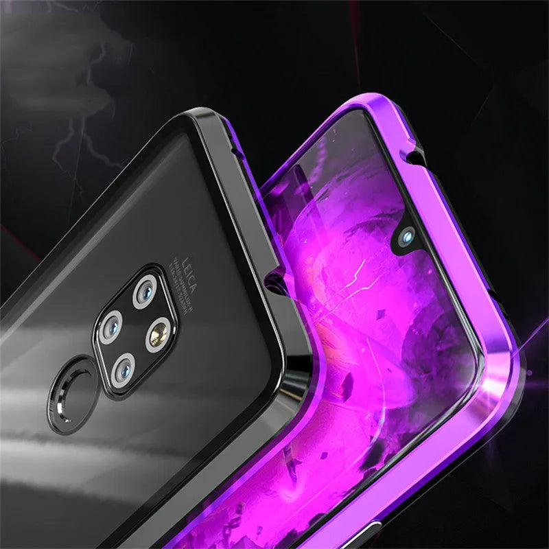 Black magnetic metal phone case with tempered glass back for Huawei P30 phone