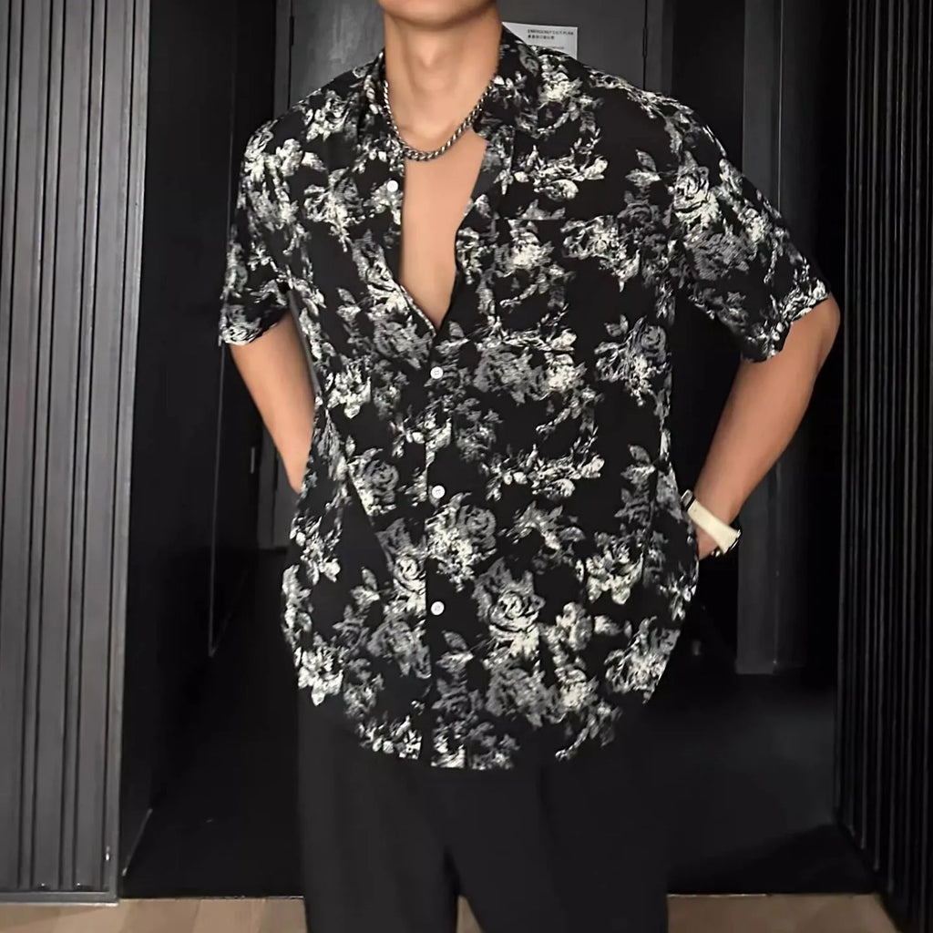 Men's loose fitting floral print short sleeve casual shirt in black and white colour options