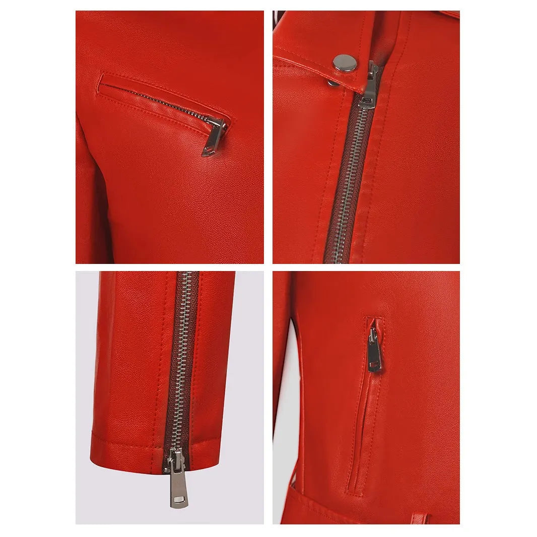 Women's black PU leather jacket with lapel short belt in street fashion style