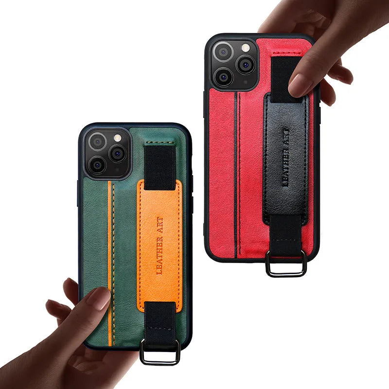 Brown imitation leather iPhone case with adjustable wrist strap attached