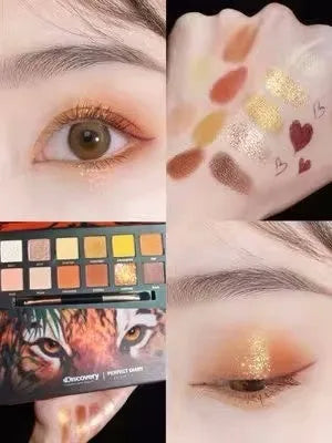 Twelve-colour animal eye shadow plate showing seven wild animal designs including golden tiger and leopard patterns