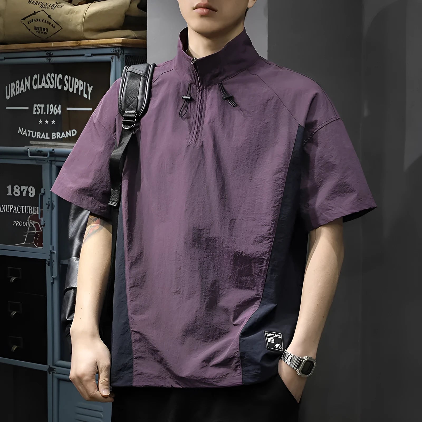 Men's brown half-zip stand collar business shirt with short sleeves and loose fit for summer