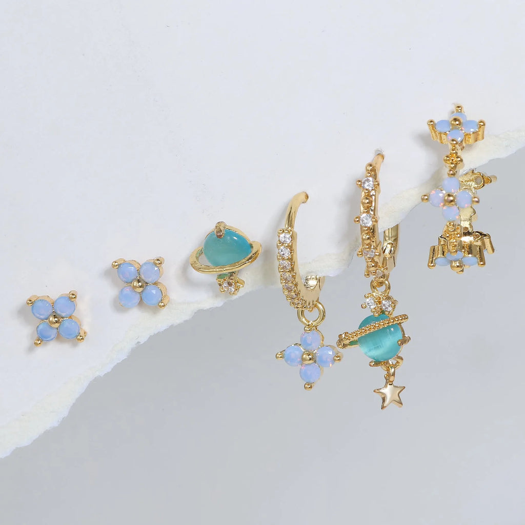Japanese Korean style floral stud earrings with zircon mosaic in gold or silver colour