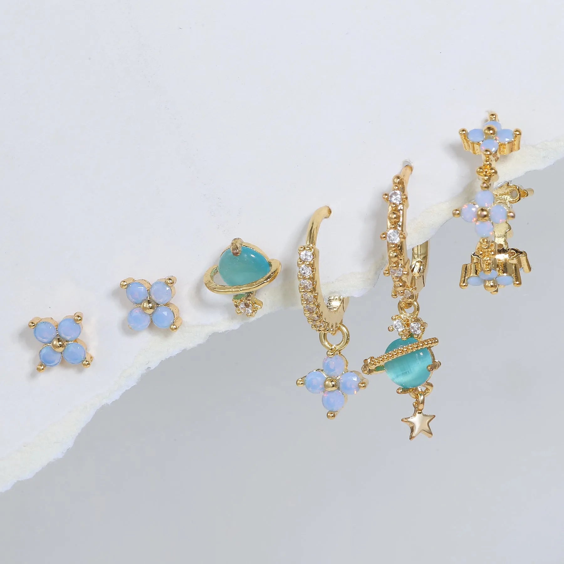 Japanese Korean style floral stud earrings with zircon mosaic in gold or silver colour