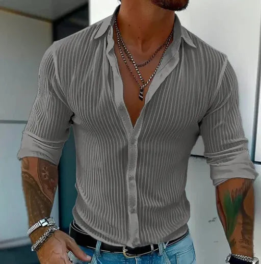 Men's striped cardigan shirt with long sleeves in loose fit British style design