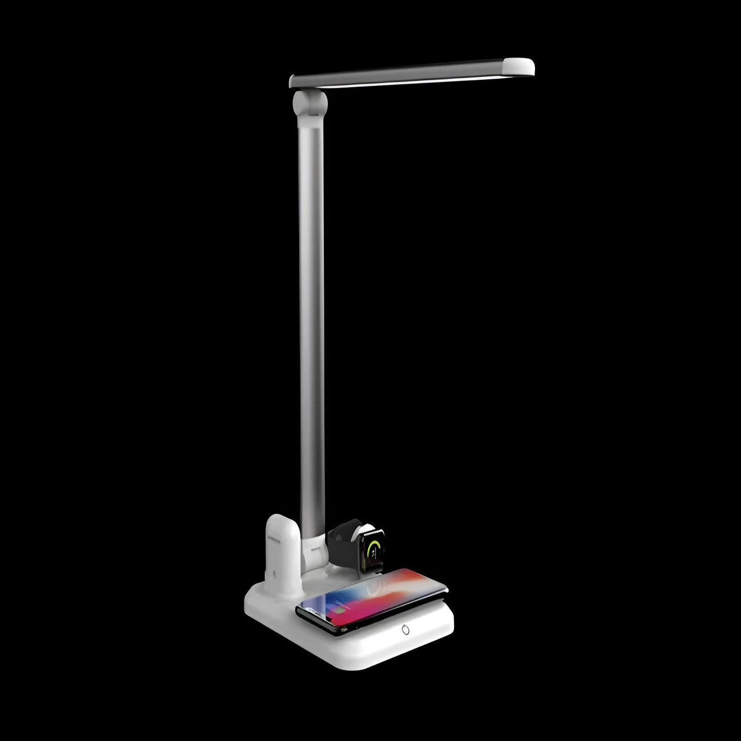 Black and white 4-in-1 LED desk lamp with integrated wireless charging pad.
