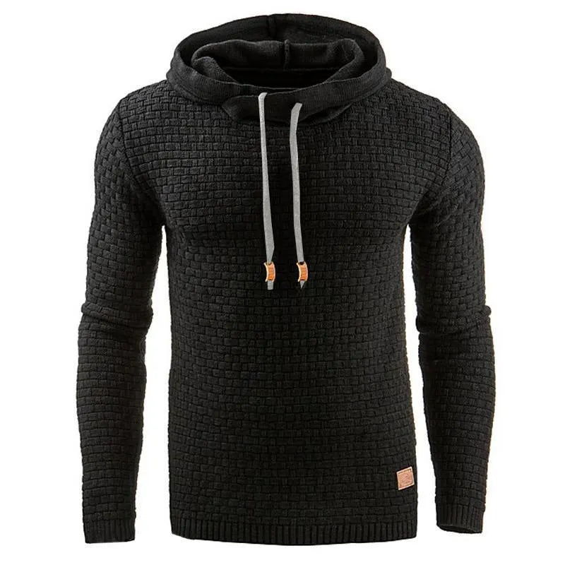 Men's black hoodie sweater made from cotton and polyester blend fabric.