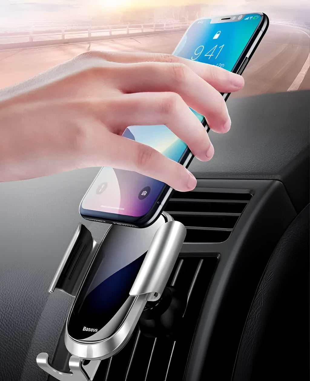 Universal smart car bracket phone holder in black, blue, or silvery mounted on a car dashboard