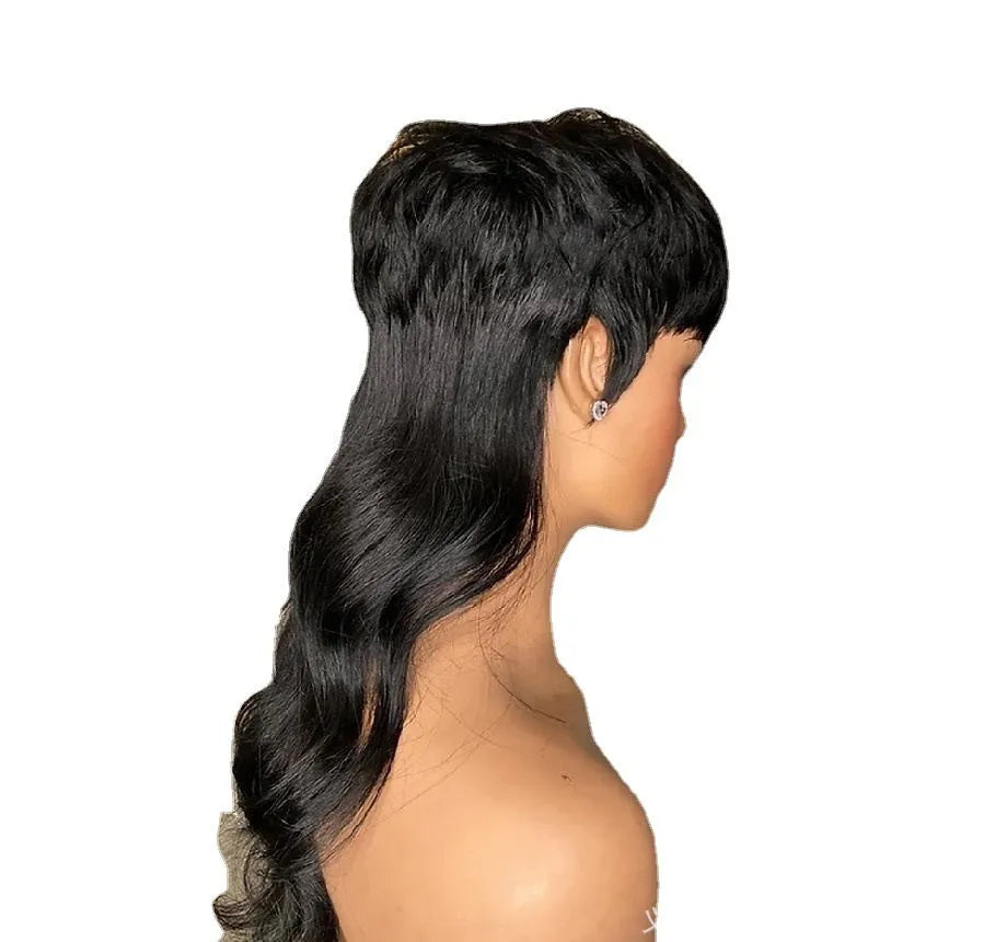 Black Brazilian synthetic wig with styled bangs and long, layered back.