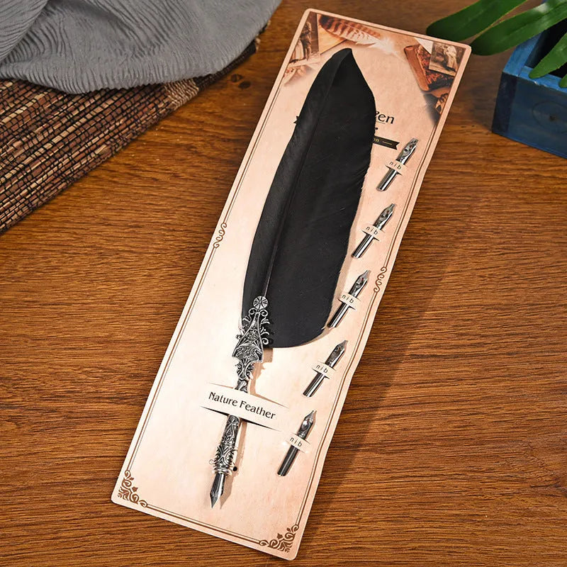 Vintage feather dip pen with zinc alloy body in multiple colour options for calligraphy