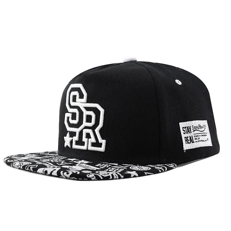 Embroidered letter baseball hat in cotton with adjustable strap, dome crown, black and white colour options