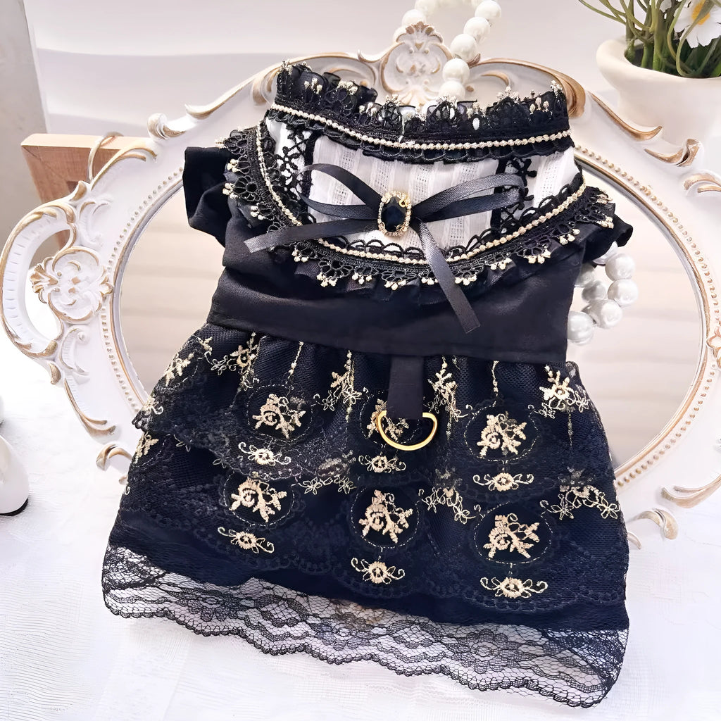 Gold Gothic princess style dress for a small dog or cat on a mannequin.