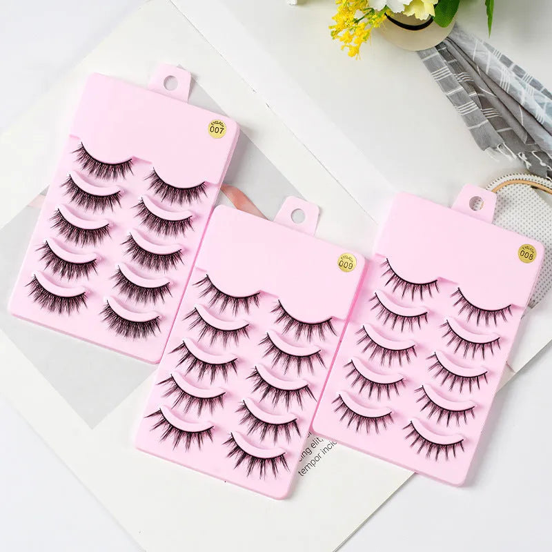 Pack of natural wispy Korean false eyelashes for anime cosplay, showing styles 007, 008, and 009.