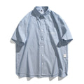 Blue striped overalls short-sleeved shirt in loose cardigan style made from cotton blend fabric