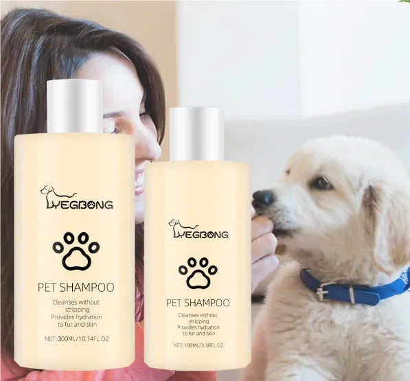 100ml and 300ml bottles of mild pet shampoo for dogs on a white background.