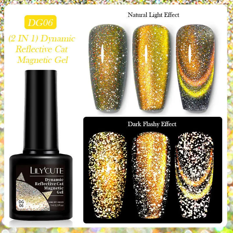 Cat eye nail polish gel with glitter and diamond fragments in six colour variations numbered 01 to 06