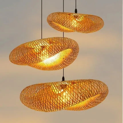 Bamboo straw hat-shaped hanging pendant lamp with natural woven shade for ceiling installation