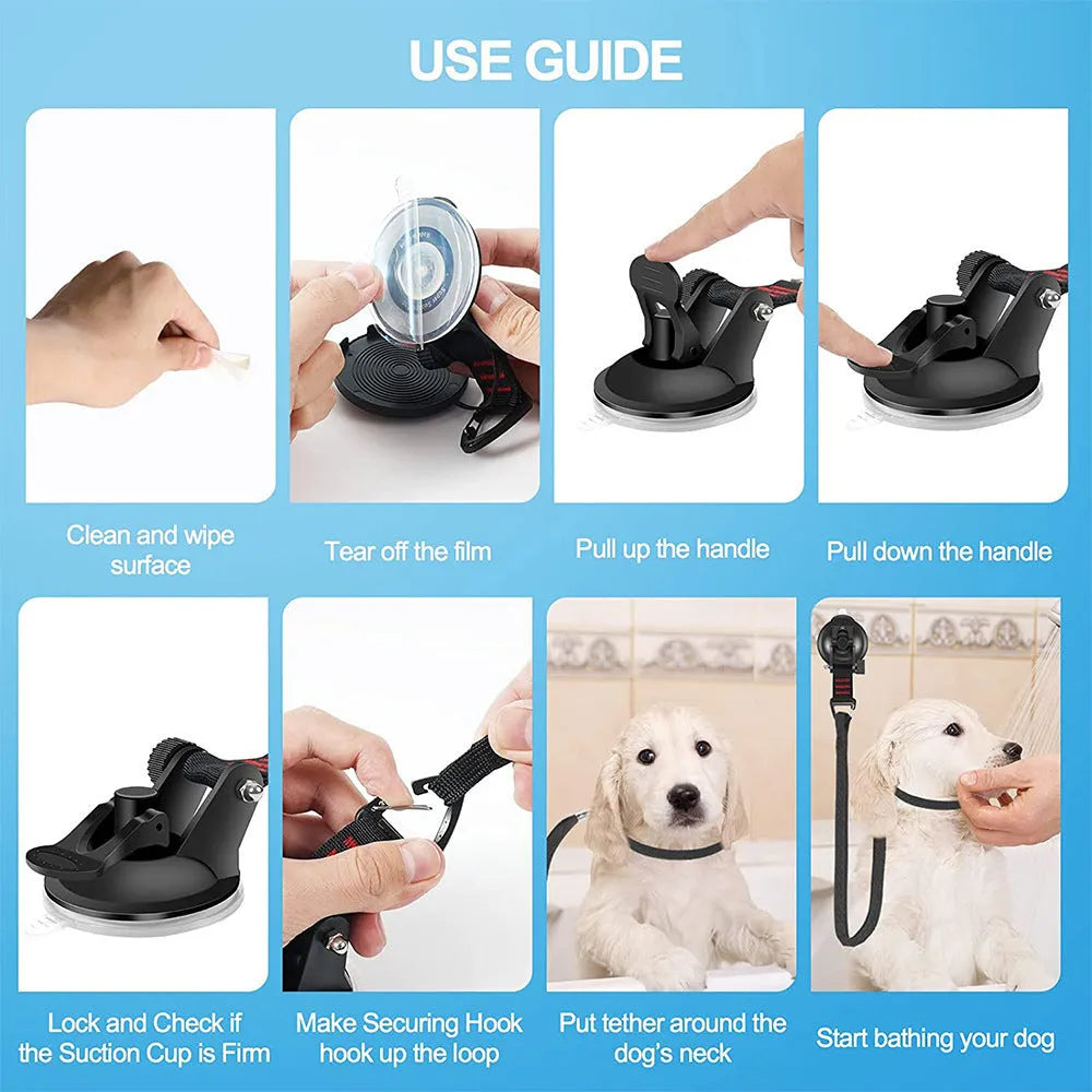 Black and blue pet bathing restraint with four adjustable suction cup cuffs for dogs.