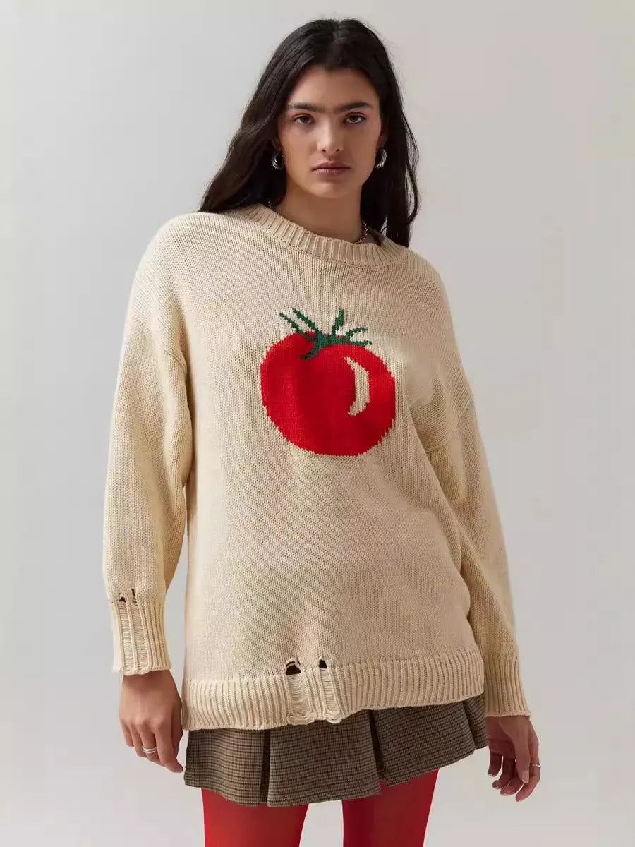Women's milky white beige acrylic Jacquard pullover sweater with round neck and long sleeves.