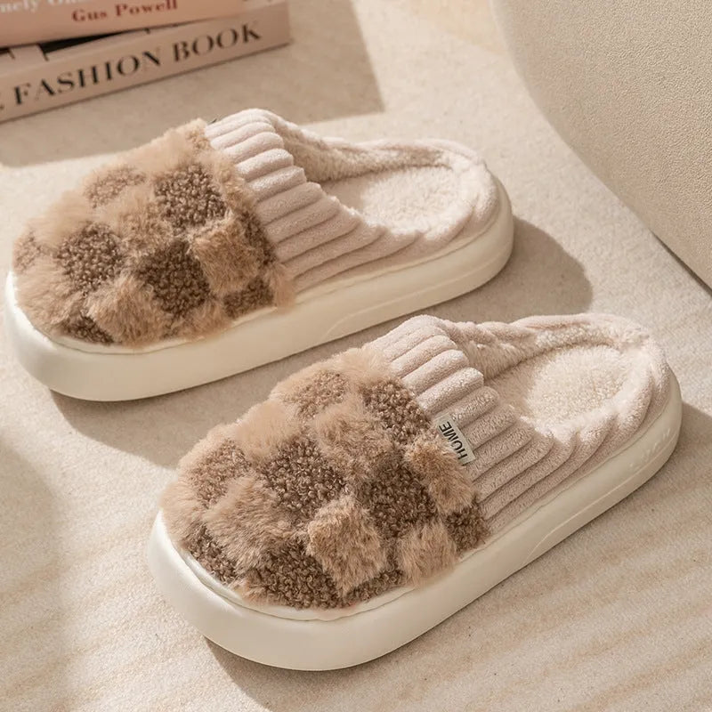 Women's plaid plush indoor slippers with anti-slip sole in multiple colour options