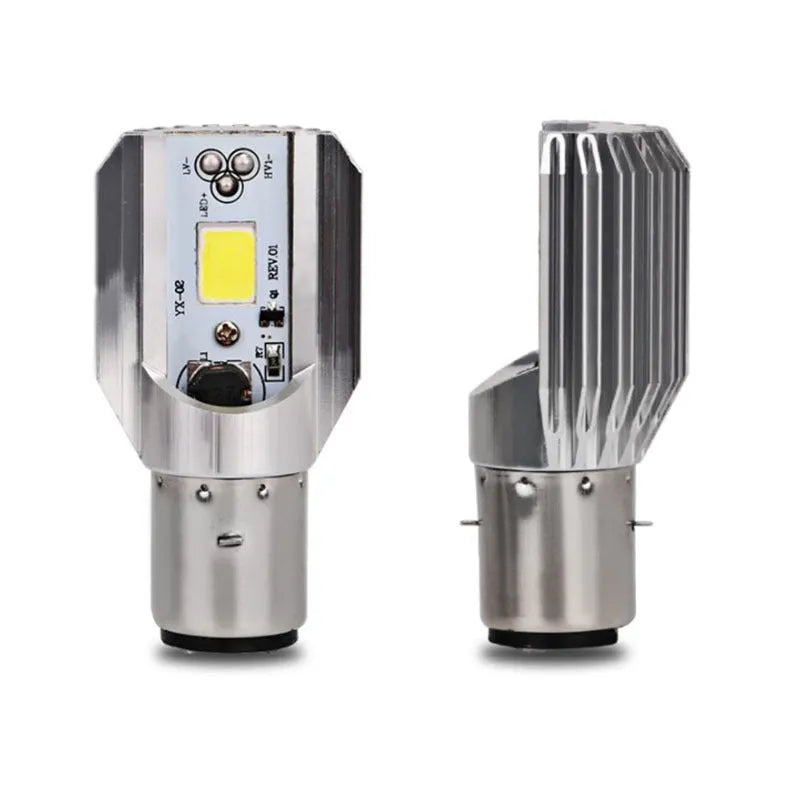 Motorcycle LED headlight unit with aluminium housing, showing connector for BA20D or H4 sockets.
