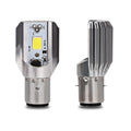 Motorcycle LED headlight unit with aluminium housing, showing connector for BA20D or H4 sockets.