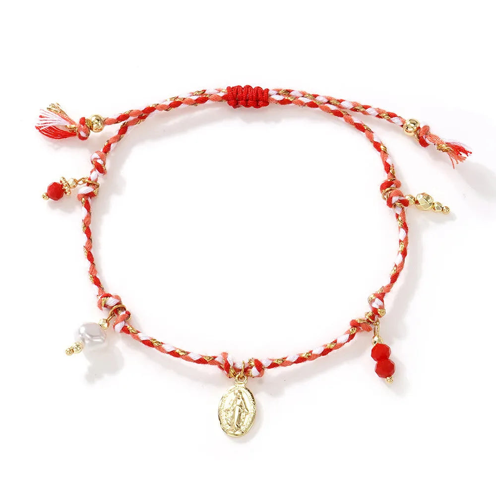 A colourful hand-woven braided rope bracelet with an adjustable strap and tag charm.