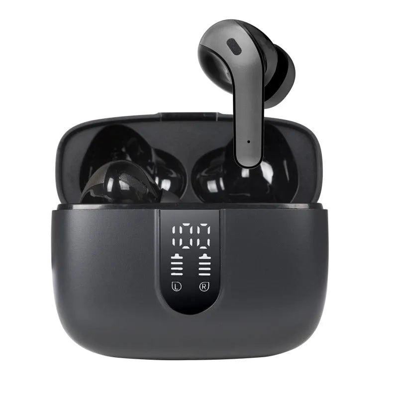 Jerry X08 wireless Bluetooth in-ear headset with digital display and USB charging case in Black, Grey, or White colours