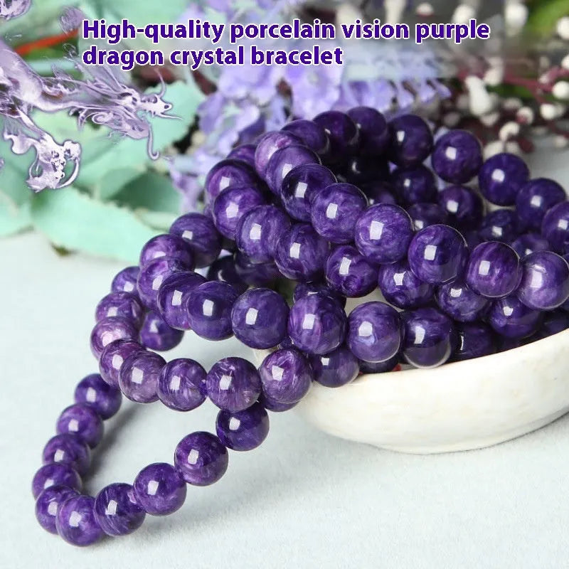 Natural transparent charoite crystal bracelet with platinum setting, showing different bead size options.