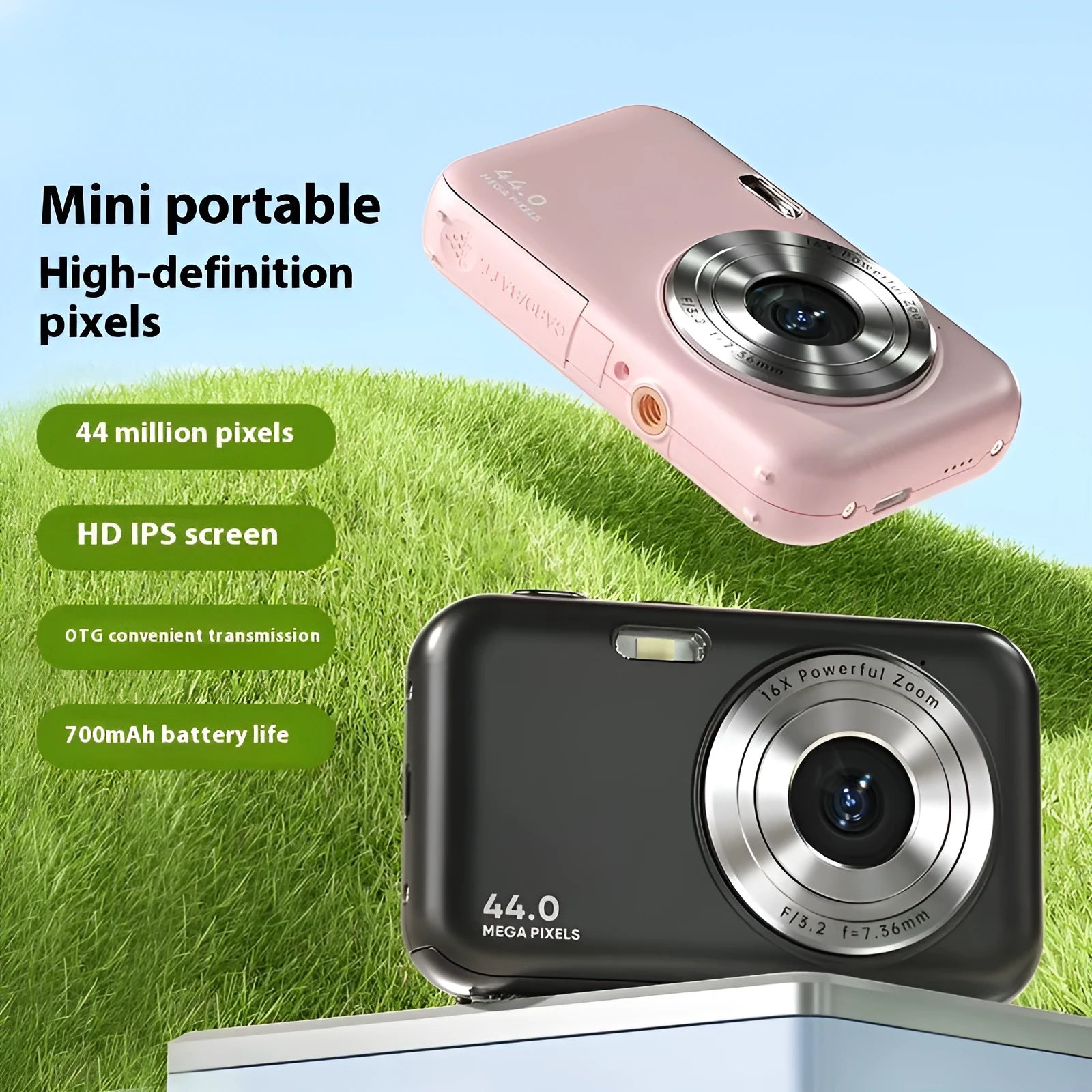 Children's digital camera in black, green, pink, or purple with 2.4-inch screen and lens