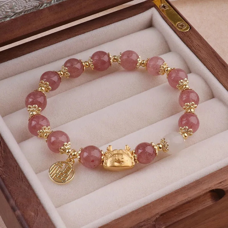 Glass floral glazed bracelet with zodiac animal charm in red, pink, and white pearl bead colours