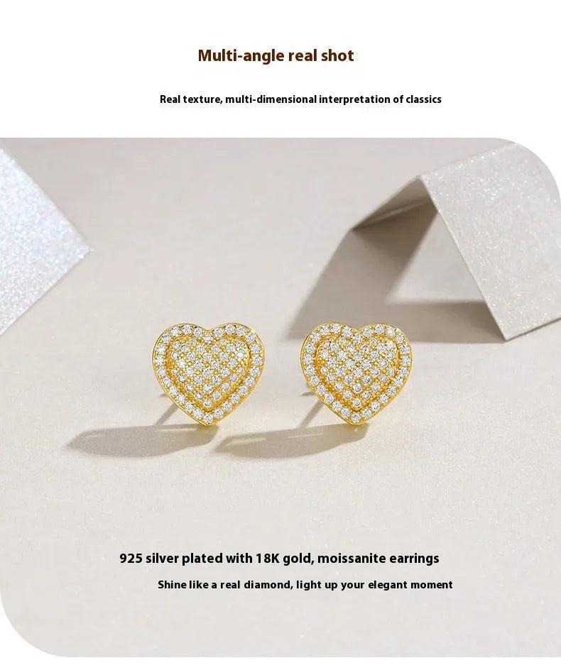 Golden heart-shaped moissanite stud earrings with S925 silver construction and simple fashion design