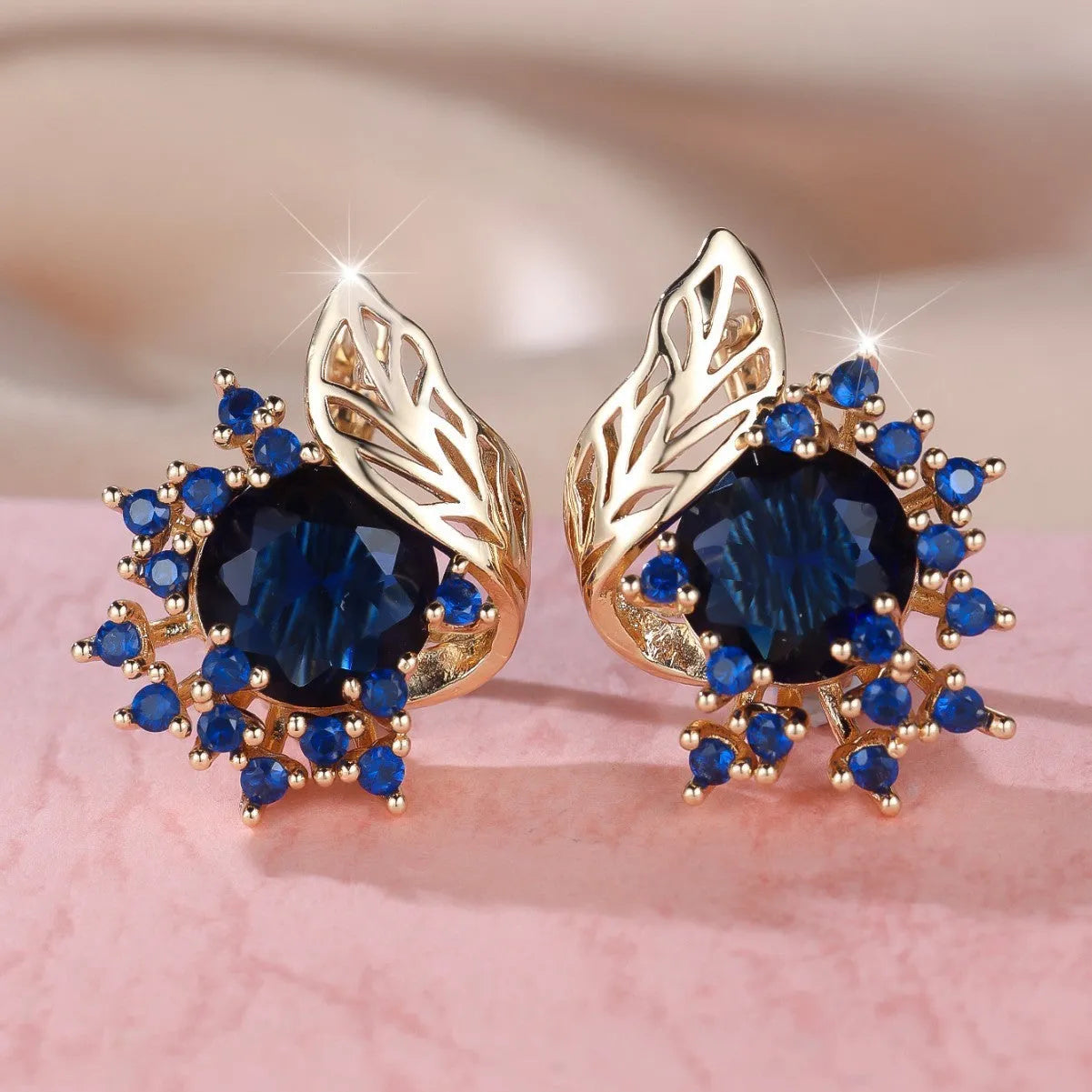 Round flowers feather zircon earrings in rose gold electroplated finish with multiple diamond colour options