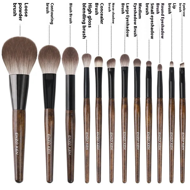 12 piece makeup brush set with wooden handles in a grey PU storage bag