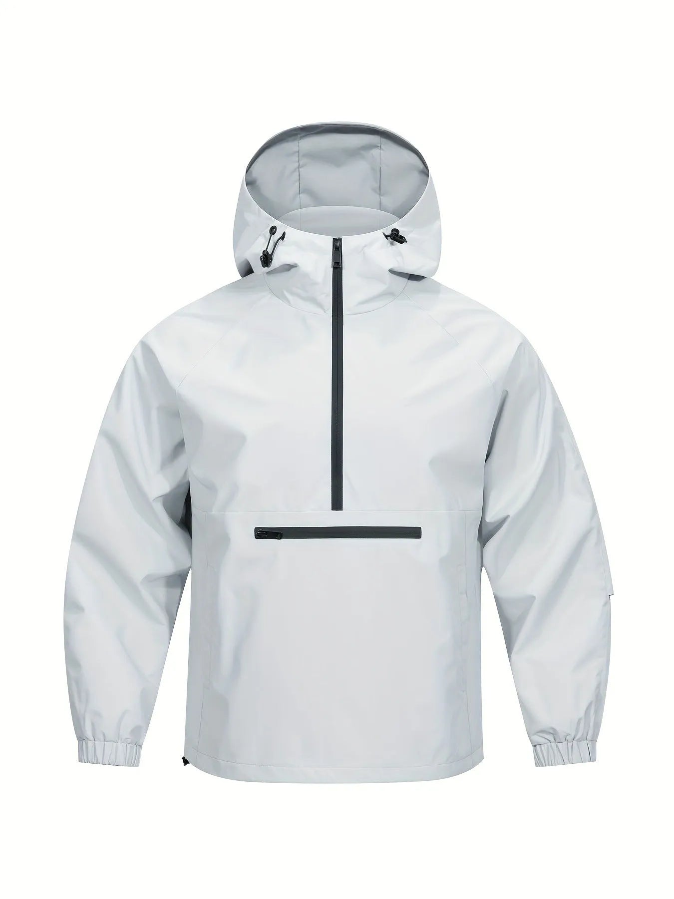 Men's light grey loose half-zip hooded corduroy jacket on a hanger